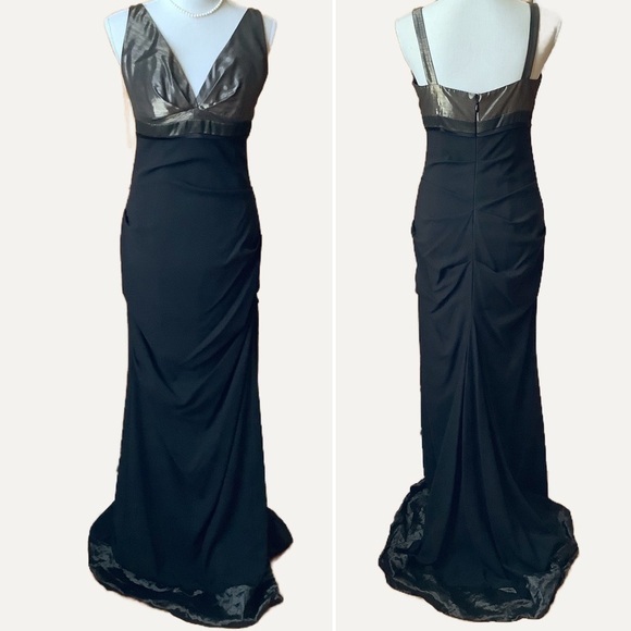 NICOLE MILLER Metallic Bronze/Black Silk Plunge Formal Gown - Picture 1 of 13
